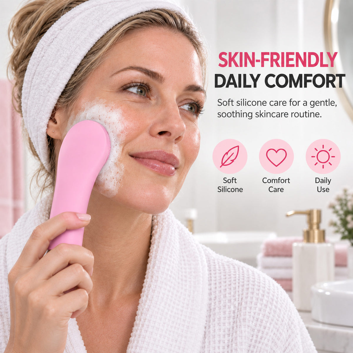 Woman holding the Electric facial cleansing brush against her cheek, alongside soft-silicone and daily-care labels.
