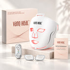 VanqHeal 3D infrared face mask controller connected by cable for selecting red, blue and yellow light programmes.