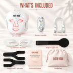 VanqHeal 3D infrared face mask kit with rechargeable controller, connection cable, USB-C charging cable and accessories.