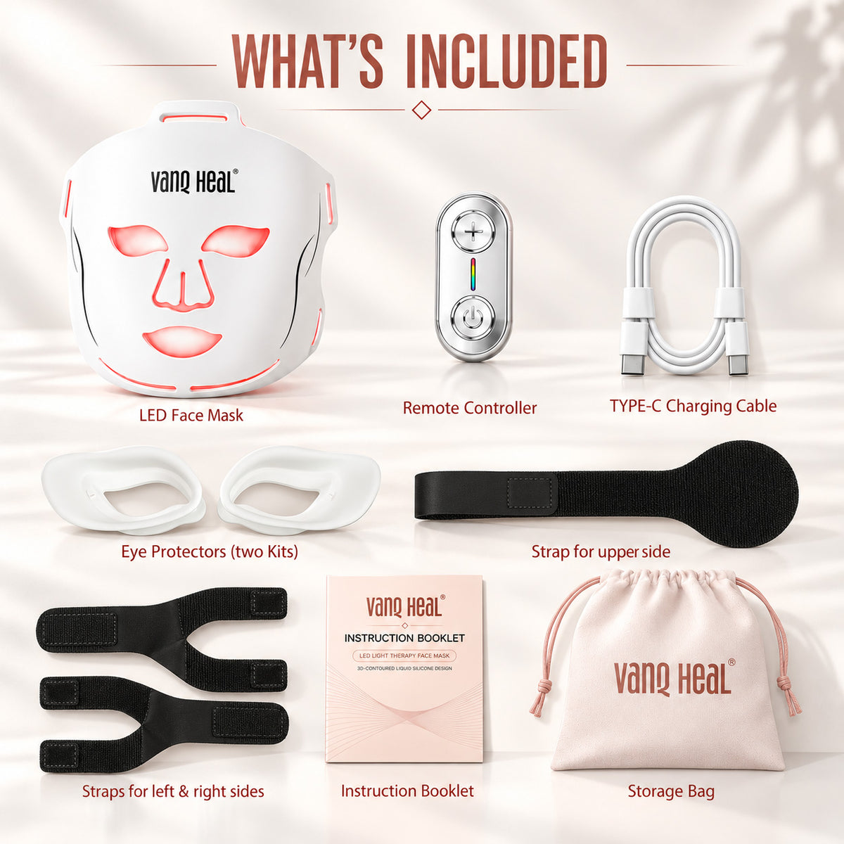 VanqHeal 3D infrared face mask kit with rechargeable controller, connection cable, USB-C charging cable and accessories.