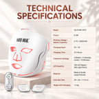 VanqHeal infrared face mask technical specifications showing 6.5W power, 2600mAh battery, three modes and 100 LED beads.