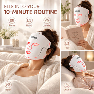 VanqHeal 3D infrared face mask controls with three intensity levels and a preset 10-minute automatic shut-off cycle.
