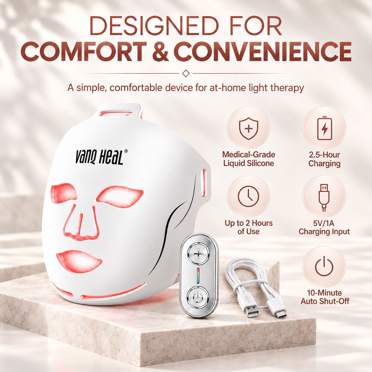 VanqHeal infrared LED face mask with controller and USB-C cable, 2-hour use and 10-minute auto shut-off.