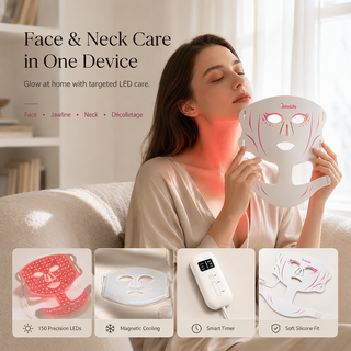 At-home LED light therapy mask for face, jawline, neck and décolletage care with 150 LEDs
