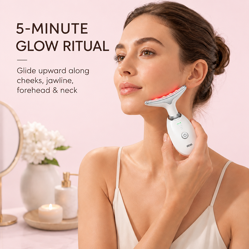 VanqHeal 5-minute glow ritual using facial sculpting wand on cheeks jawline forehead and neck