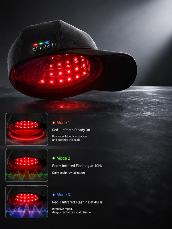 Red light therapy hat with continuous 10Hz and 40Hz pulsed light modes