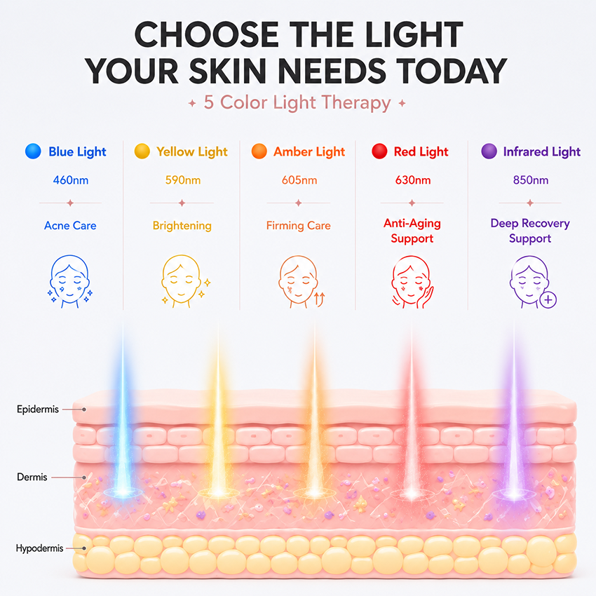 Five-color LED light therapy chart showing 460nm blue, 590nm yellow, 630nm red and 850nm infrared