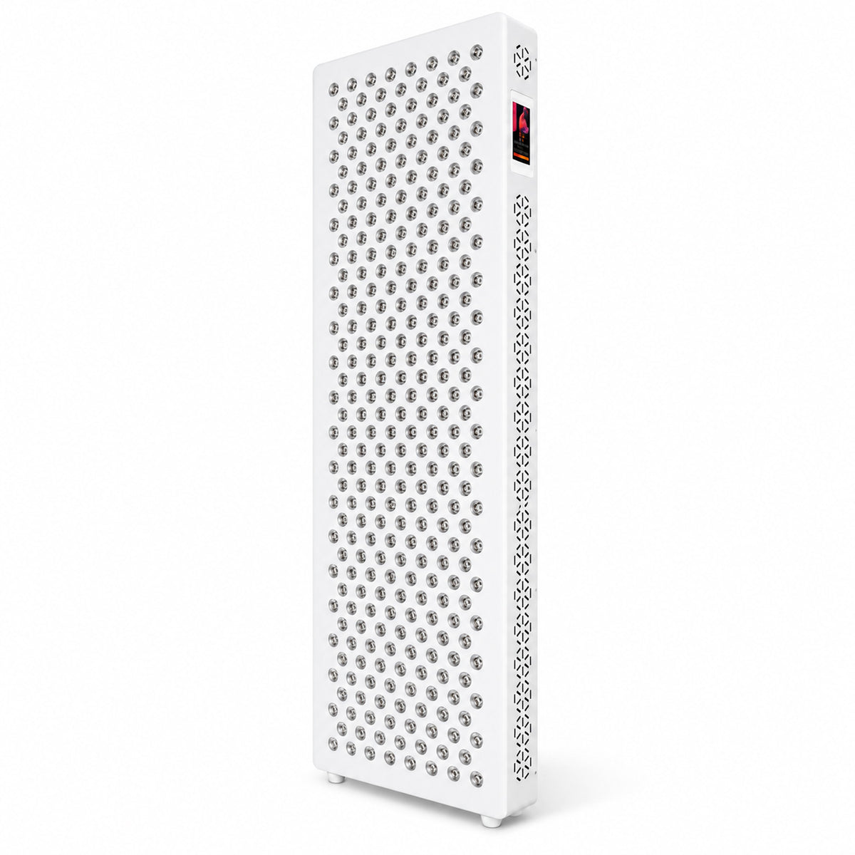 VanqHeal XPro seven-wavelength red light therapy panel with a white housing, front LED array and side touchscreen.