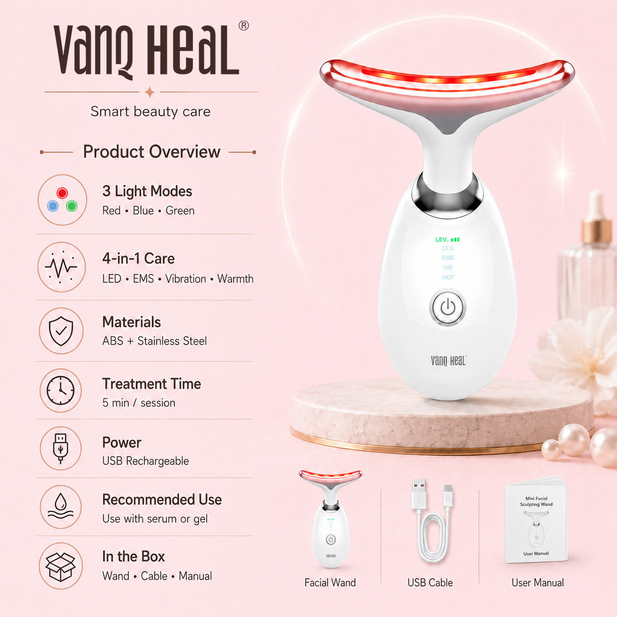 VanqHeal product overview for Mini Facial Sculpting Wand with cable and user manual