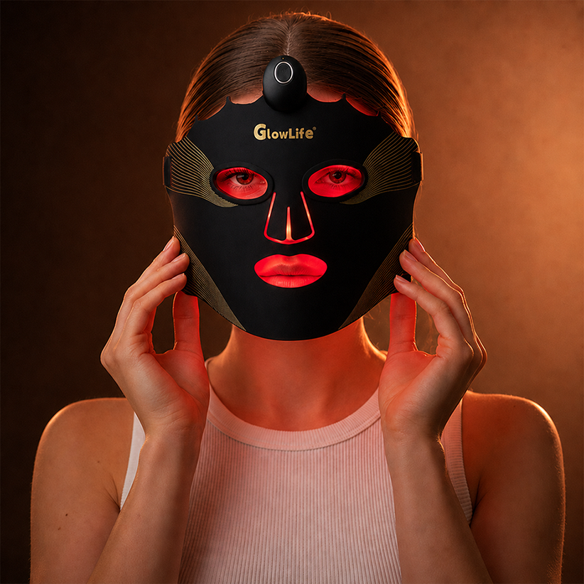 VanqHeal brand story visual with a model wearing a black LED light therapy mask glowing red