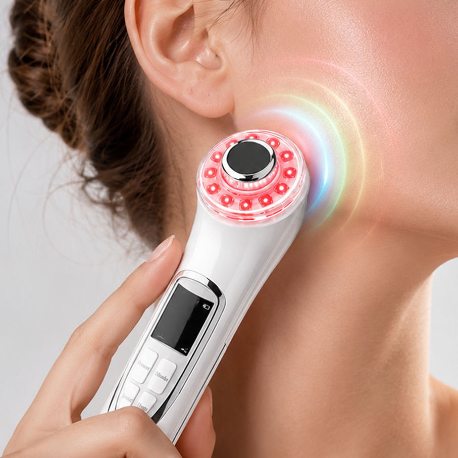 3-color LED facial massager with red blue and green light therapy for skin care