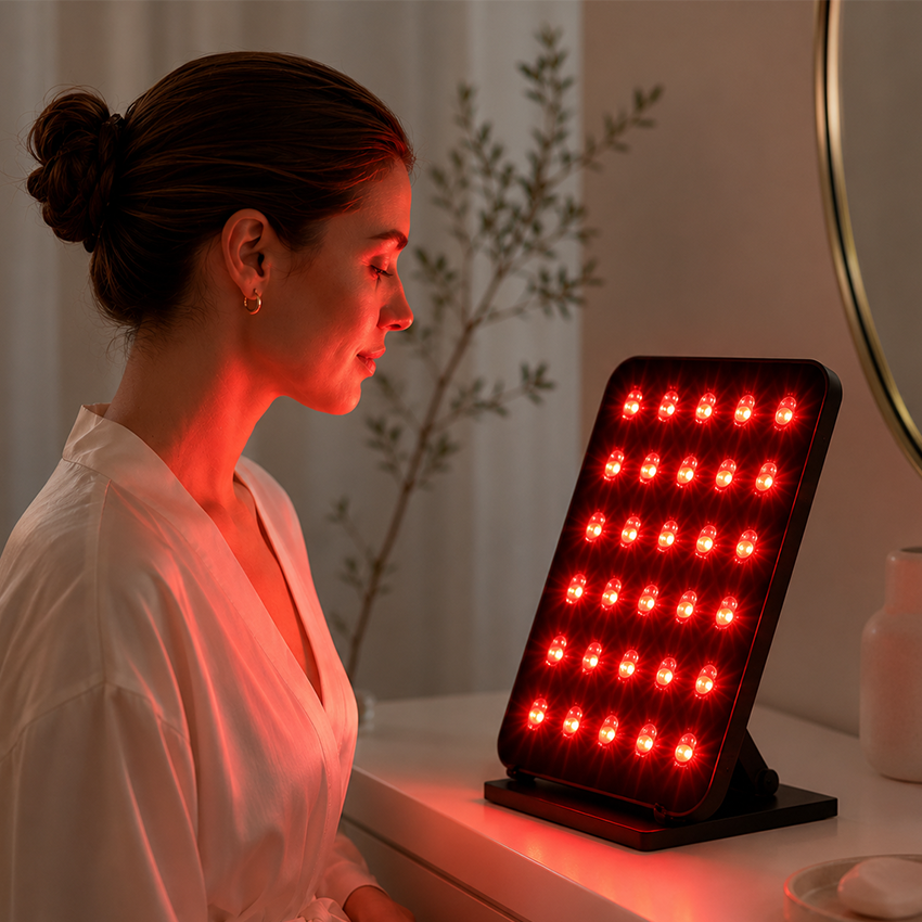 At-home red light therapy panel for face neck and chest glow routine without salon visits