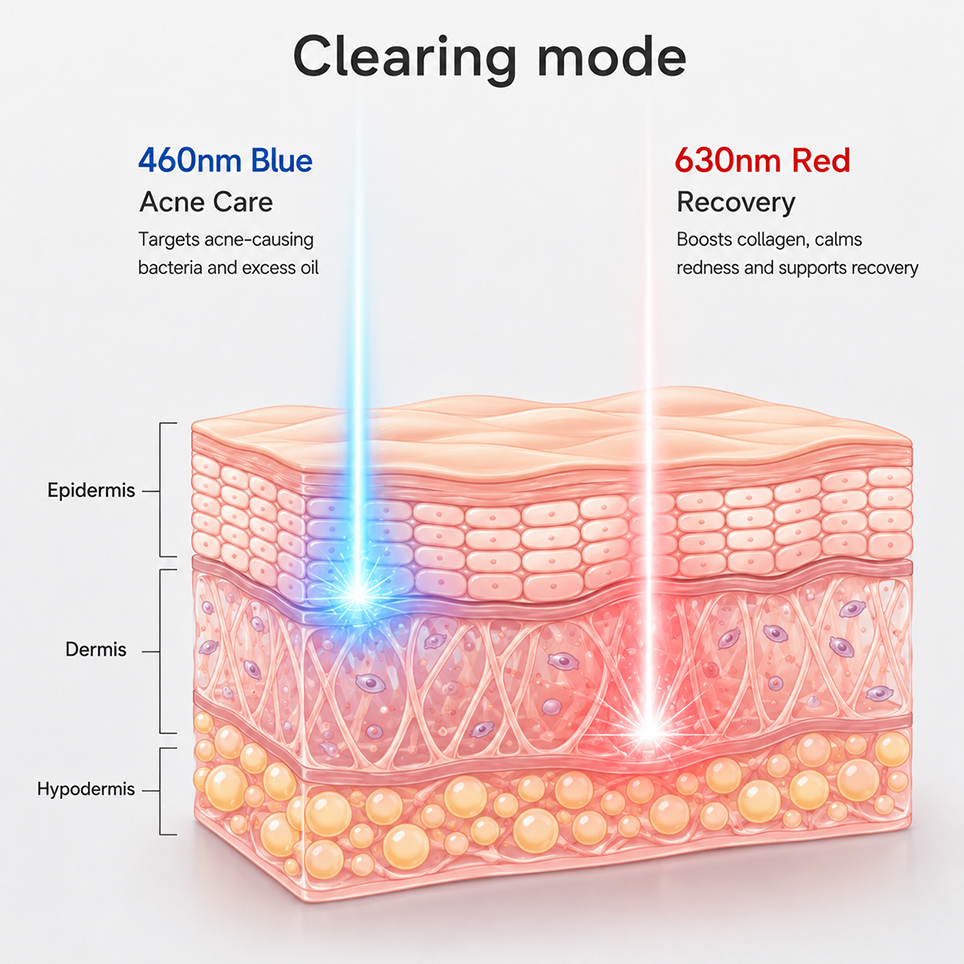 Clearing mode diagram for LED mask showing 460nm blue light and 630nm red recovery support