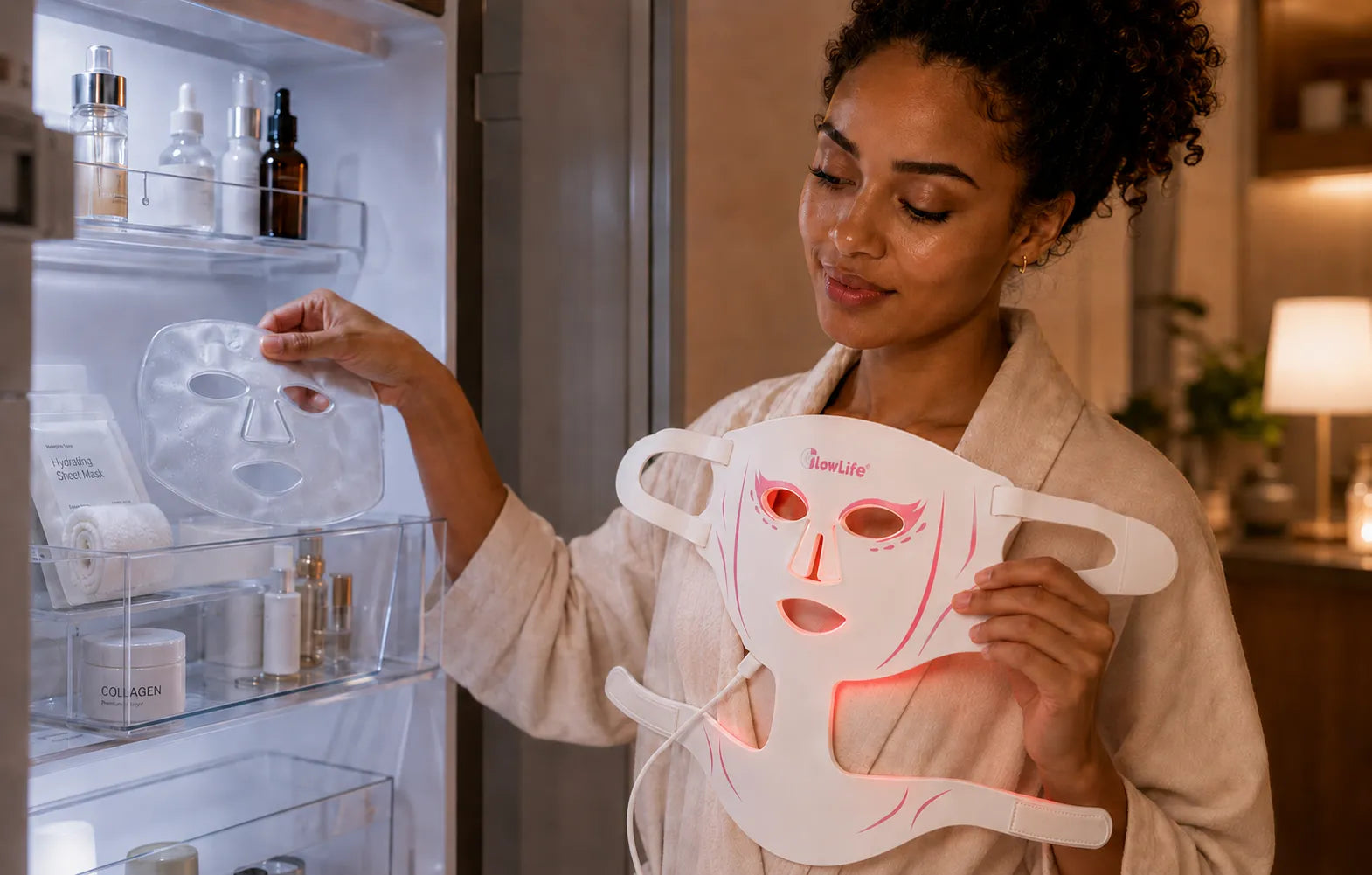 Woman holding VanqHeal face and neck LED mask with cooling pack near skincare fridge for at-home care
