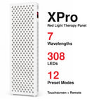 VanqHeal XPro red light therapy panel overview showing seven wavelengths, 308 LEDs and key product specifications.