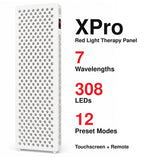 VanqHeal XPro red light therapy panel overview showing seven wavelengths, 308 LEDs and key product specifications.