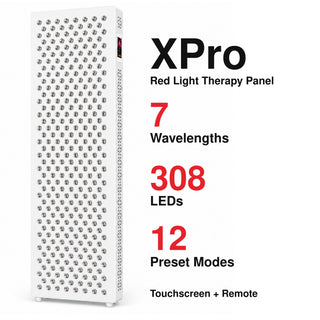 VanqHeal XPro red light therapy panel overview showing seven wavelengths, 308 LEDs and key product specifications.