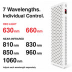 Seven-wavelength XPro red light therapy panel with two red and five near-infrared channels listed by wavelength.