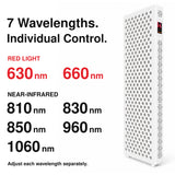 Seven-wavelength XPro red light therapy panel with two red and five near-infrared channels listed by wavelength.