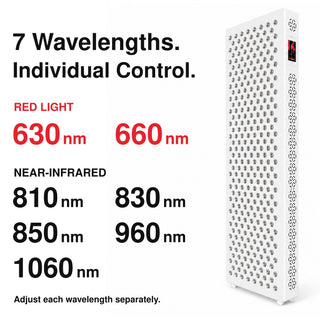 Seven-wavelength XPro red light therapy panel with two red and five near-infrared channels listed by wavelength.