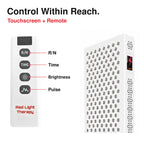 XPro red light therapy panel remote with red and near-infrared output, brightness and pulse controls.