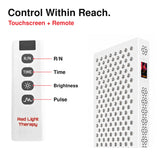 XPro red light therapy panel remote with red and near-infrared output, brightness and pulse controls.