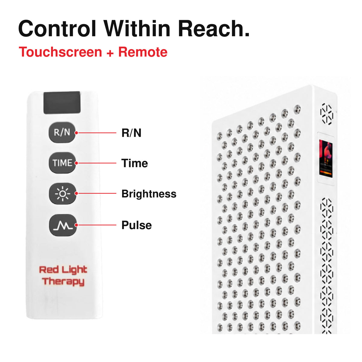 XPro red light therapy panel remote with red and near-infrared output, brightness and pulse controls.