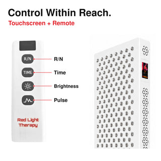 XPro red light therapy panel remote with red and near-infrared output, brightness and pulse controls.