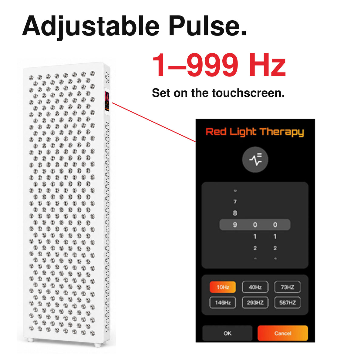 XPro LED panel pulse-control graphic describing the adjustable pulse setting alongside wavelength and timing controls.