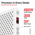 VanqHeal XPro red light therapy panel cooling feature graphic showing the dual-fan ventilation design.