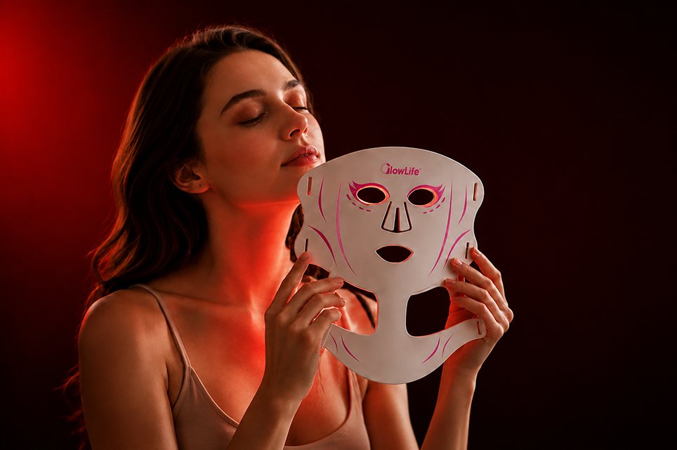 VanqHeal brand story scene with a woman holding a white LED face and neck mask under red light