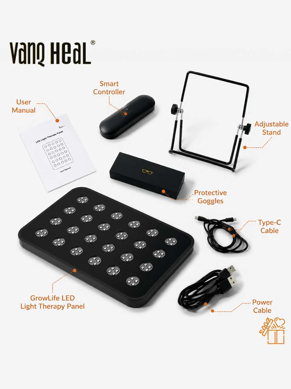 VanqHeal red light therapy panel set with protective goggles stand Type-C cable and manual