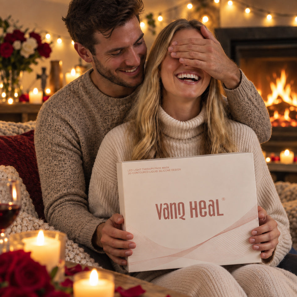 Beauty skincare gift experience featuring LED light therapy mask packaging and self-care moments