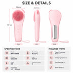 WM-1086B facial cleansing brush specs: 147 × 56 mm, 500mAh battery, 3W power, 45 ± 3°C warming and 5 vibration levels.