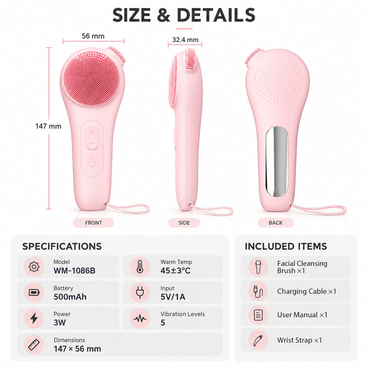 WM-1086B facial cleansing brush specs: 147 × 56 mm, 500mAh battery, 3W power, 45 ± 3°C warming and 5 vibration levels.
