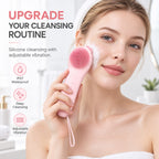Woman holding the VanqHeal silicone facial cleansing brush against her cheek, with waterproof and vibration feature icons.