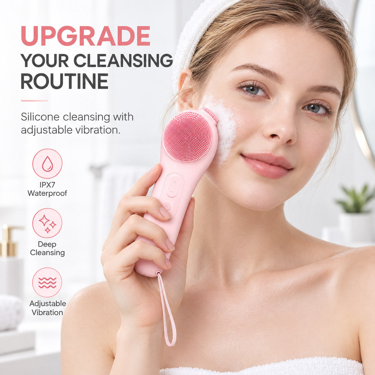 Woman holding the VanqHeal silicone facial cleansing brush against her cheek, with waterproof and vibration feature icons.