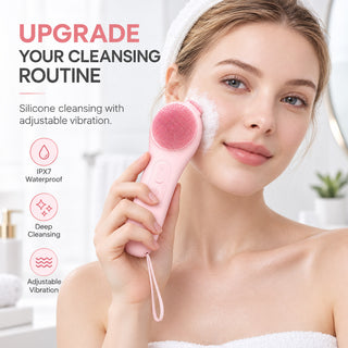 Woman holding the VanqHeal silicone facial cleansing brush against her cheek, with waterproof and vibration feature icons.