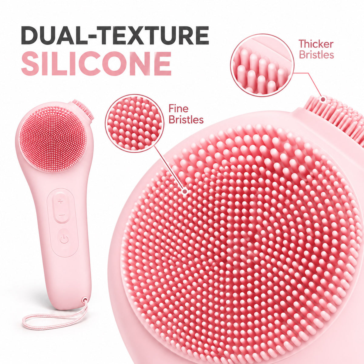 VanqHeal silicone facial cleansing brush with fine silicone bristles and a smaller, thicker-bristle detail brush.