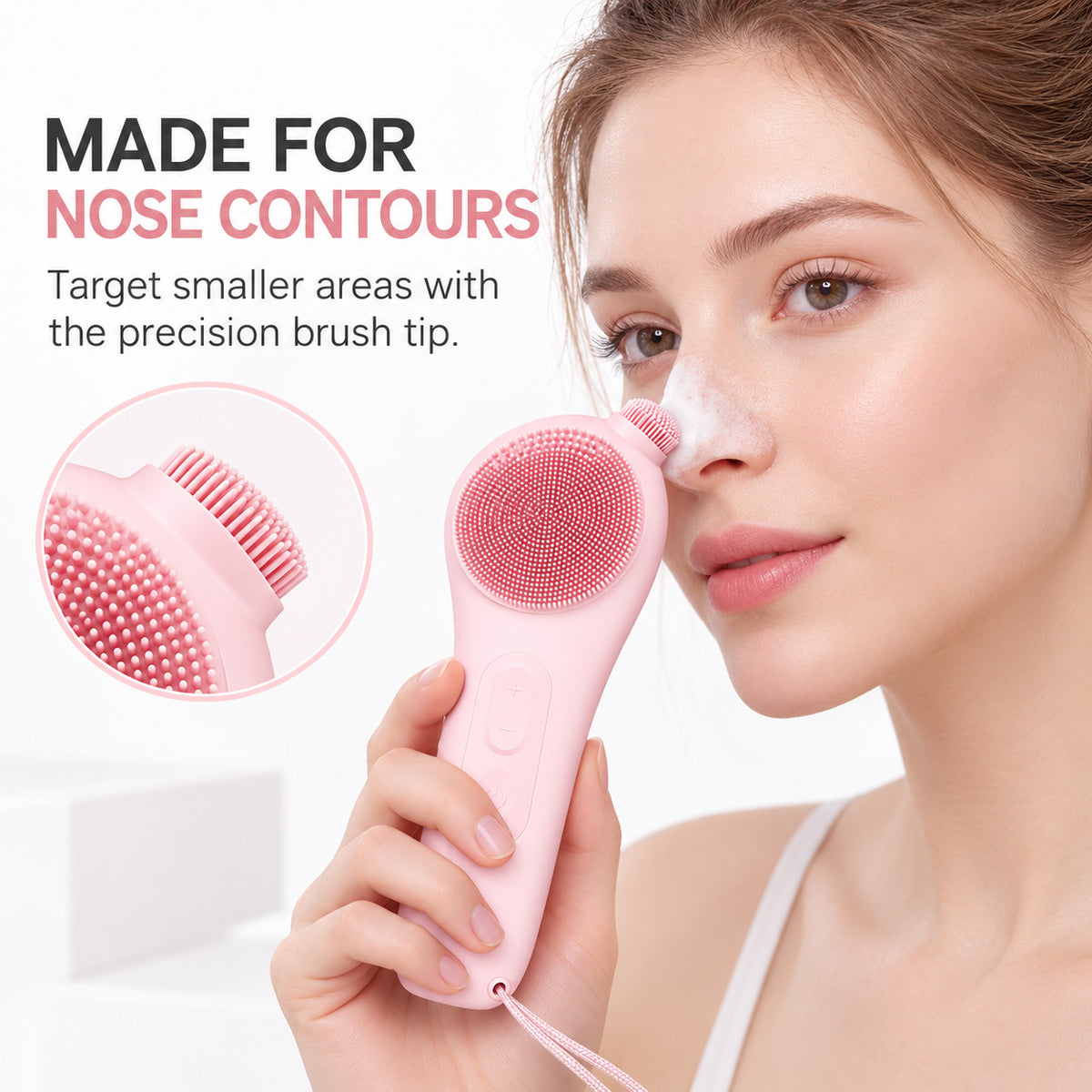 Woman using the smaller detail brush on the outer nose contour, with a close-up of the brush tip.
