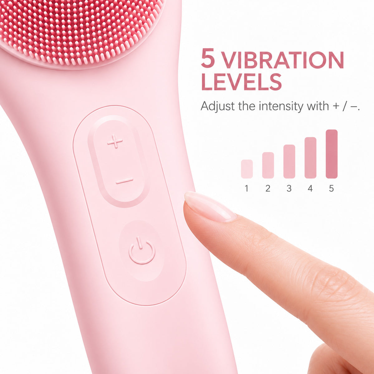 Close-up of the facial cleansing brush plus and minus buttons beside a chart showing five vibration levels.