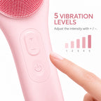 Close-up of the facial cleansing brush plus and minus buttons beside a chart showing five vibration levels.