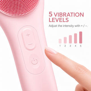 Close-up of the facial cleansing brush plus and minus buttons beside a chart showing five vibration levels.