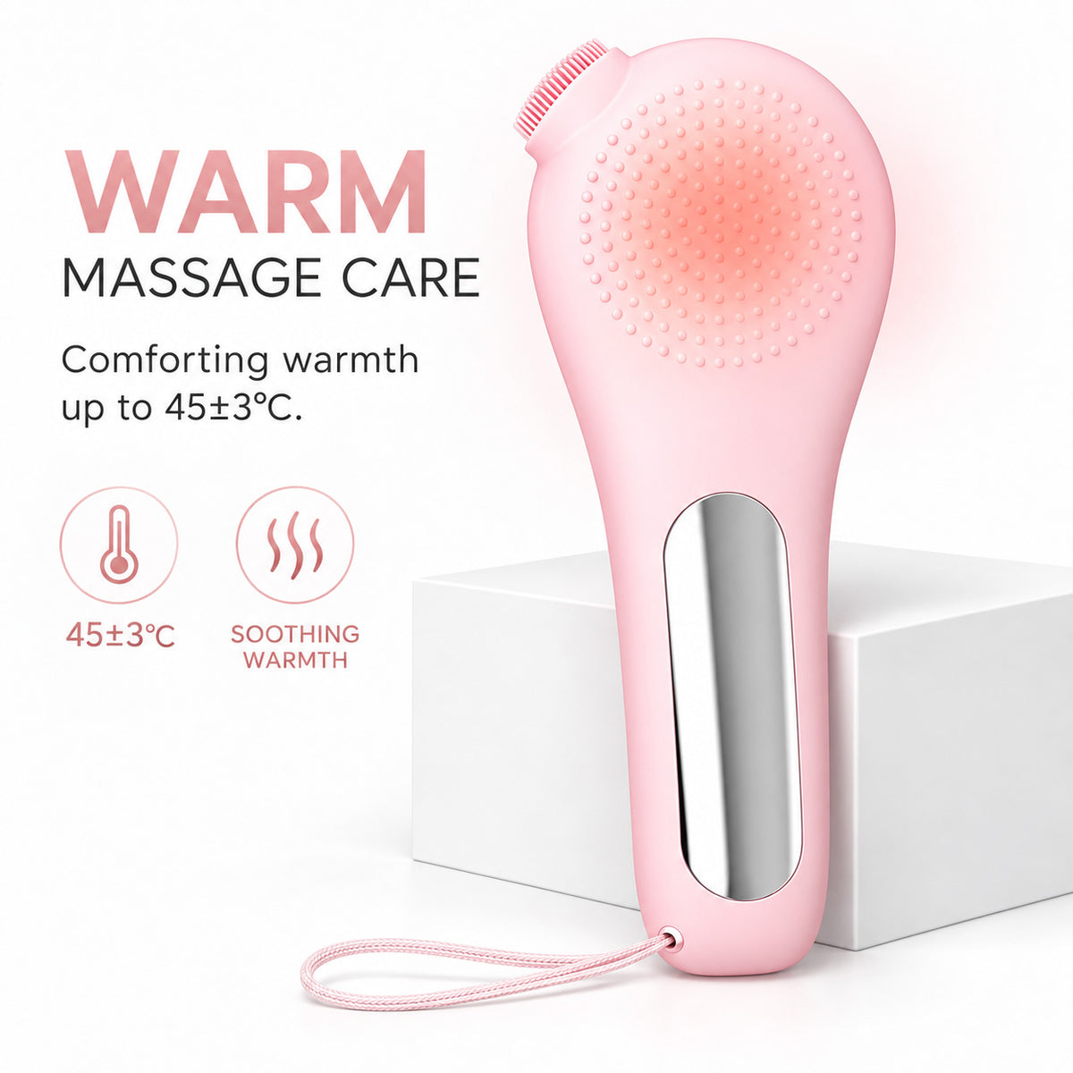 Back of the VanqHeal cleansing brush showing its separate warming contact surface rated up to 45 ± 3°C.