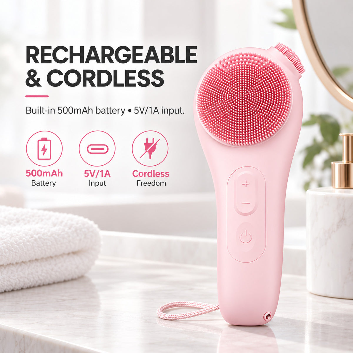 VanqHeal silicone facial cleansing brush with built-in 500mAh battery, 5V/1A charging input and cordless-use graphic.