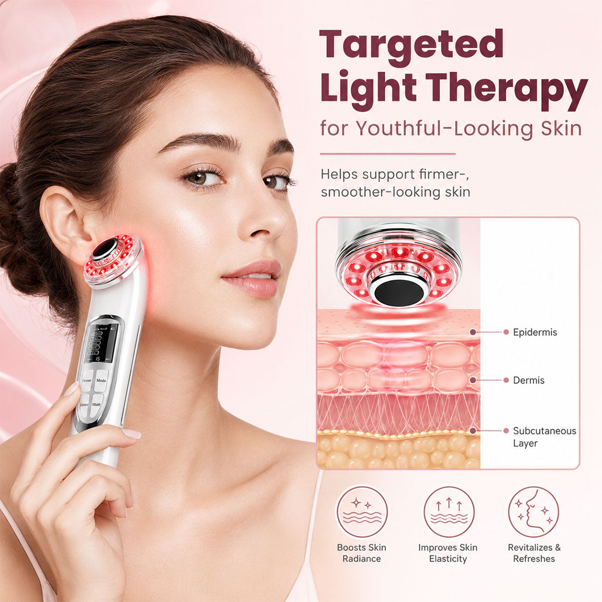 Red light beauty device used with serum or moisturizer for smoother facial glide