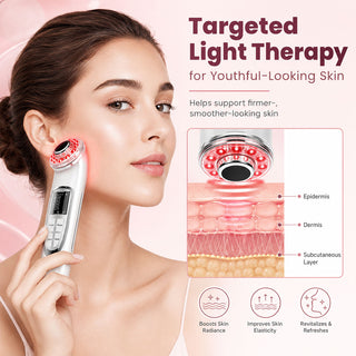 Red light beauty device used with serum or moisturizer for smoother facial glide