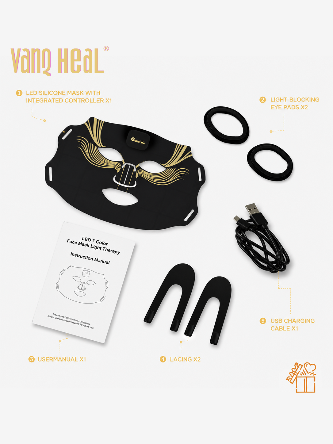 VanqHeal LED light therapy mask set with charging cable guide manual and storage bag