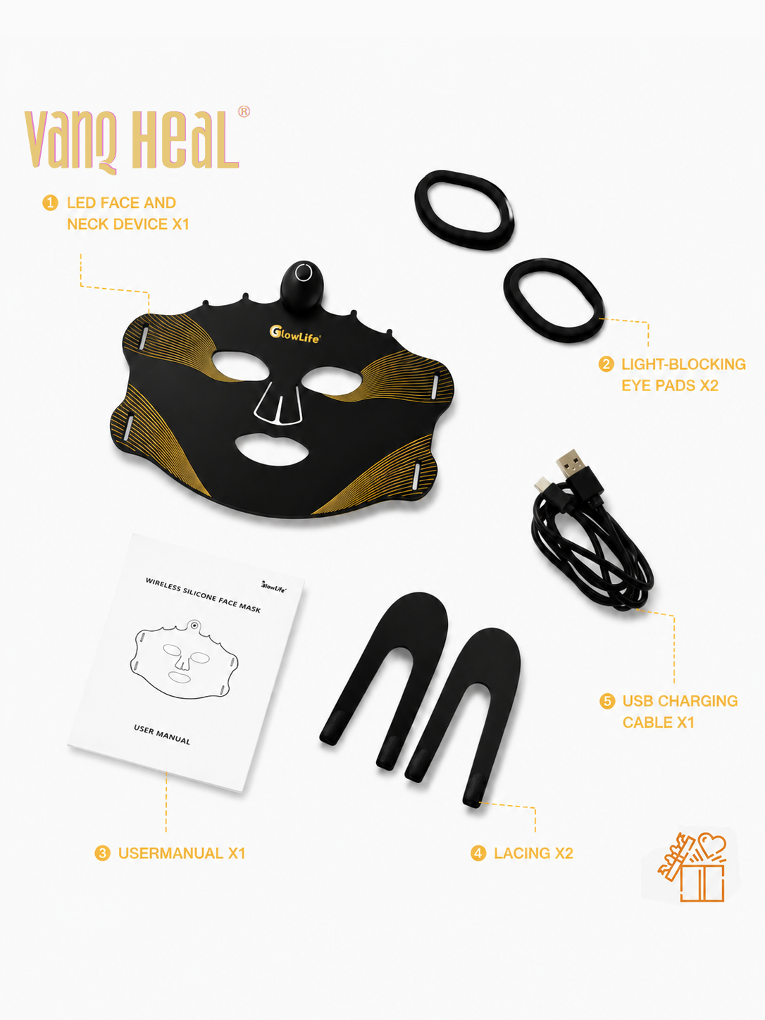 VanqHeal LED light therapy mask set with storage bag charging cable guide and manual
