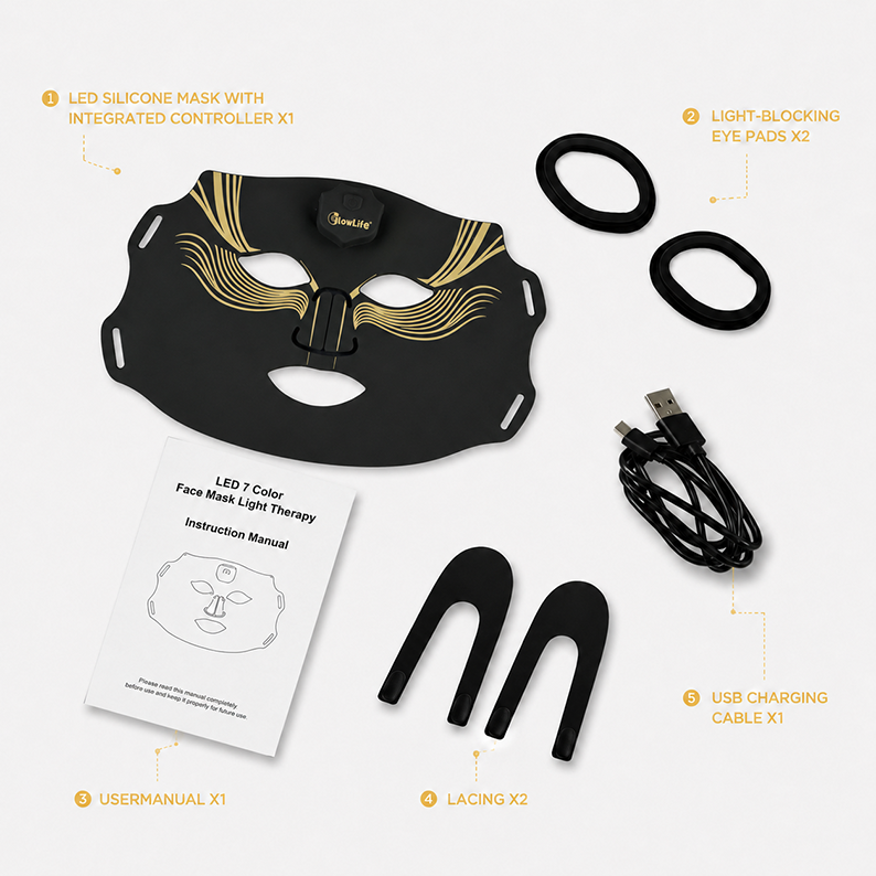 VanqHeal LED light therapy mask set with charging cable guide manual and storage bag